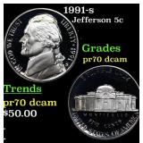 1991-s Proof Jefferson Nickel 5c pr70 dcam SEGS