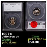 1991-s Proof Jefferson Nickel 5c pr70 dcam SEGS