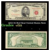 1953 $5 Red Seal United States Note Grades vf++