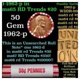 BU Shotgun Lincoln 1c roll, 1962-p 50 pcs Bank Wra