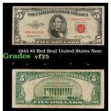 1953 $5 Red Seal United States Note Grades vf+