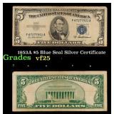 1953A $5 Blue Seal Silver Certificate Grades vf+