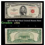 1953 $5 Red Seal United States Note Grades vf++