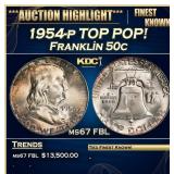 1954-p Franklin Half Dollar TOP POP! 50c ms67 FBL