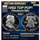 1952 Proof Franklin Half Dollar TOP POP! 50c pr67