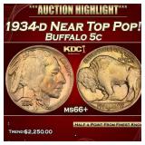 1934-d Buffalo Nickel Near Top Pop! 5c ms66+ SEGS