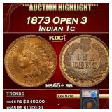 1873 Open 3 Indian Cent 1c ms65+ rb SEGS