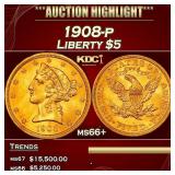 1908-p Gold Liberty Half Eagle $5 ms66+ SEGS