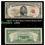 1953C $5 Red Seal United States Note Grades vf++