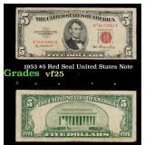1953 $5 Red Seal United States Note Grades vf+