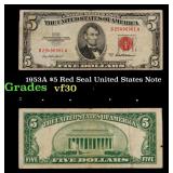 1953A $5 Red Seal United States Note Grades vf++
