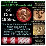 BU Shotgun Lincoln 1c roll, 1959-d 50 pcs Dunbar W