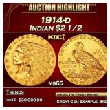 IC 1914-d Gold Indian Quarter Eagle $2 1/2 ms65 SE