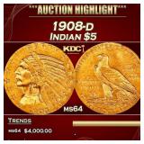 IC 1908-d Gold Indian Half Eagle $5 Choice Unc USC