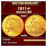 IC 1911-p Gold Indian Half Eagle $5 Choice Unc USC