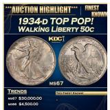 1934-d Walking Liberty Half Dollar TOP POP! 50c ms