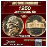 YC 1950 Proof Jefferson Nickel 5c pr68 cam SEGS