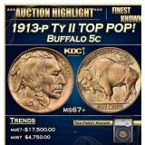 YC 1913-p Ty II Buffalo Nickel TOP POP! 5c ms67+ S