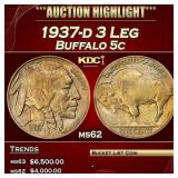 1937-d 3 Leg Buffalo Nickel 5c Select Unc USCG