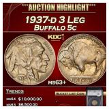 YC 1937-d 3 Leg Buffalo Nickel 5c ms63+ SEGS