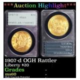 PCGS 1907-d Gold Liberty Double Eagle OGH Rattler