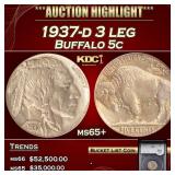 YC 1937-d 3 leg Buffalo Nickel 5c ms65+ SEGS