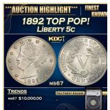 YC 1892 Liberty Nickel TOP POP! 5c ms67 SEGS