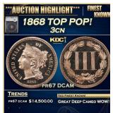 YC 1868 Proof Three Cent Copper Nickel TOP POP! 3c