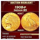 IC 1908-p Gold Indian Half Eagle $5 Choice+ Unc US