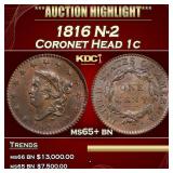 YC 1816 Coronet Head Large Cent N-2 1c ms65+ bn SE