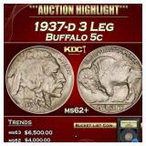 1937-d 3 Leg Buffalo Nickel 5c Select Unc USCG