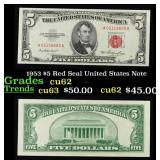 1953 $5 Red Seal United States Note Grades Select