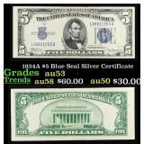 1934A $5 Blue Seal Silver Certificate Grades Selec