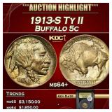 YC 1913-S Ty II Buffalo Nickel 5c Choice+ Unc USCG