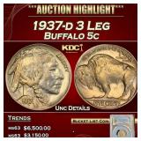 YC PCGS 1937-d 3 Leg Buffalo Nickel 5c Unc Details