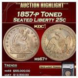 YC 1857-p Seated Liberty Quarter Toned 25c ms67+ S