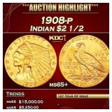 IC 1908-p Gold Indian Quarter Eagle $2 1/2 ms65+ S