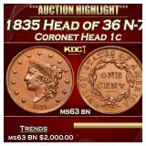 1835 Coronet Head Large Cent Head of 36 N-7 1c ms6