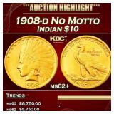 IC 1908-d No Motto Gold Indian Eagle $10 Select Un