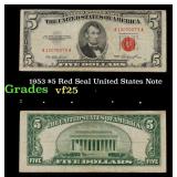 1953 $5 Red Seal United States Note Grades vf+