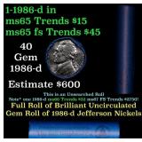 BU Shotgun Jefferson 5c roll, 1986-d 40 pcs Bank $