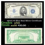 1934A $5 Blue Seal Silver Certificate Grades xf+