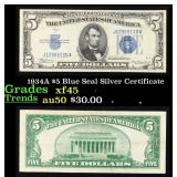 1934A $5 Blue Seal Silver Certificate Grades xf+