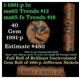 BU Shotgun Jefferson 5c roll, 1991-p 40 pcs Bank $