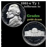 1981-s Ty 1 Proof Jefferson Nickel 5c Grades GEM++