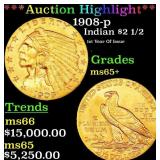 *Highlight* 1908-p Gold Indian Quarter Eagle $2 1/
