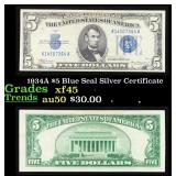 1934A $5 Blue Seal Silver Certificate Grades xf+