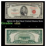 1953A $5 Red Seal United States Note Grades vf+