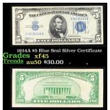 1934A $5 Blue Seal Silver Certificate Grades xf+