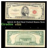 1953A $5 Red Seal United States Note Grades vf+